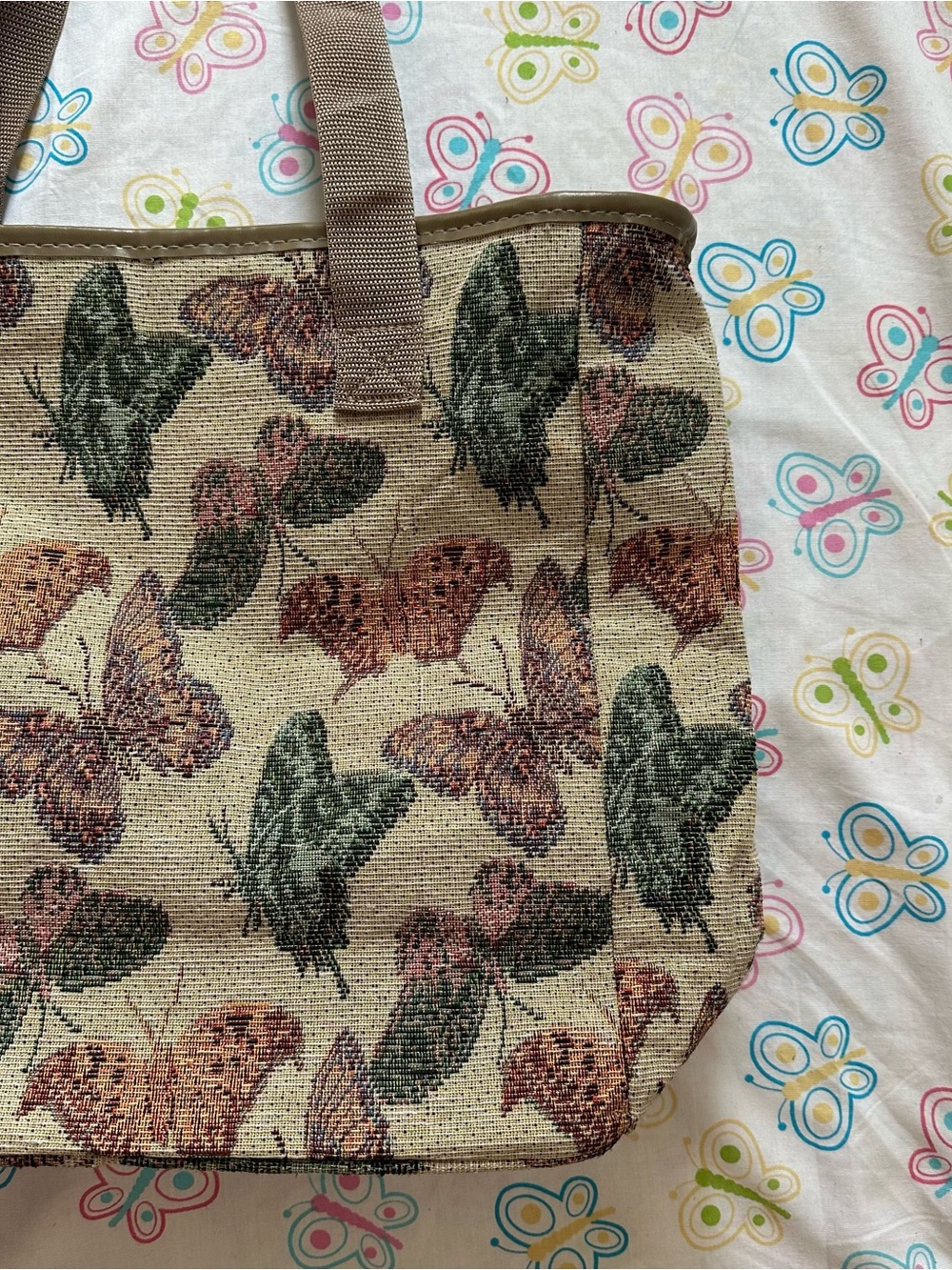 Vintage Taupe Butterfly Print Tapestry Tote Bag - Picture 3 of 7